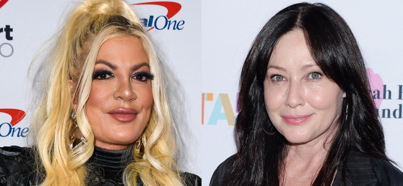 A collage of Tori Spelling and Shannen Doherty possing on the red carpet