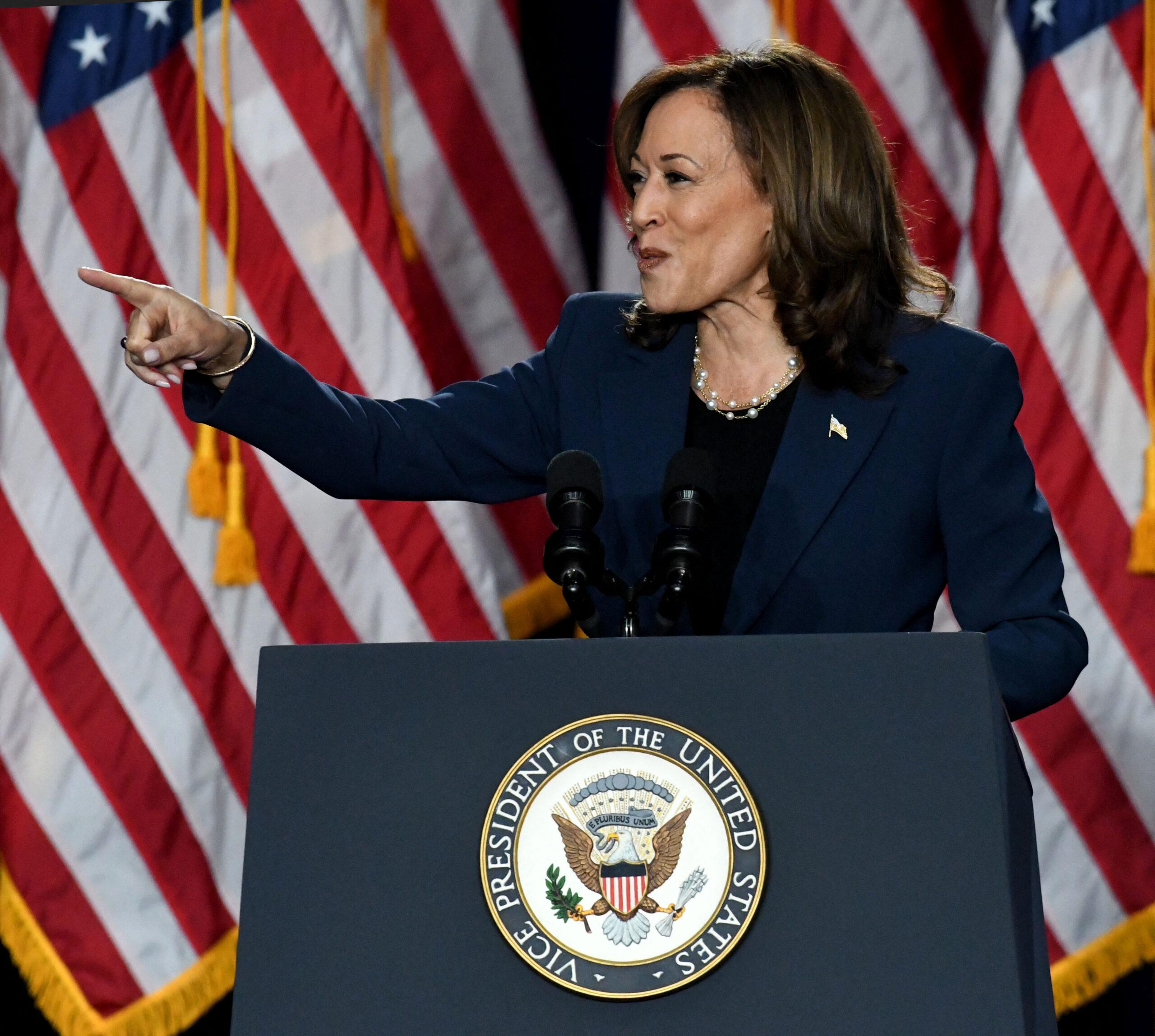 A vice-presidente Kamala Harris discursa em seu comício de campanha na West Allis Central High School em West Allis, Wisconsin, terça-feira, 23 de julho de 2024.