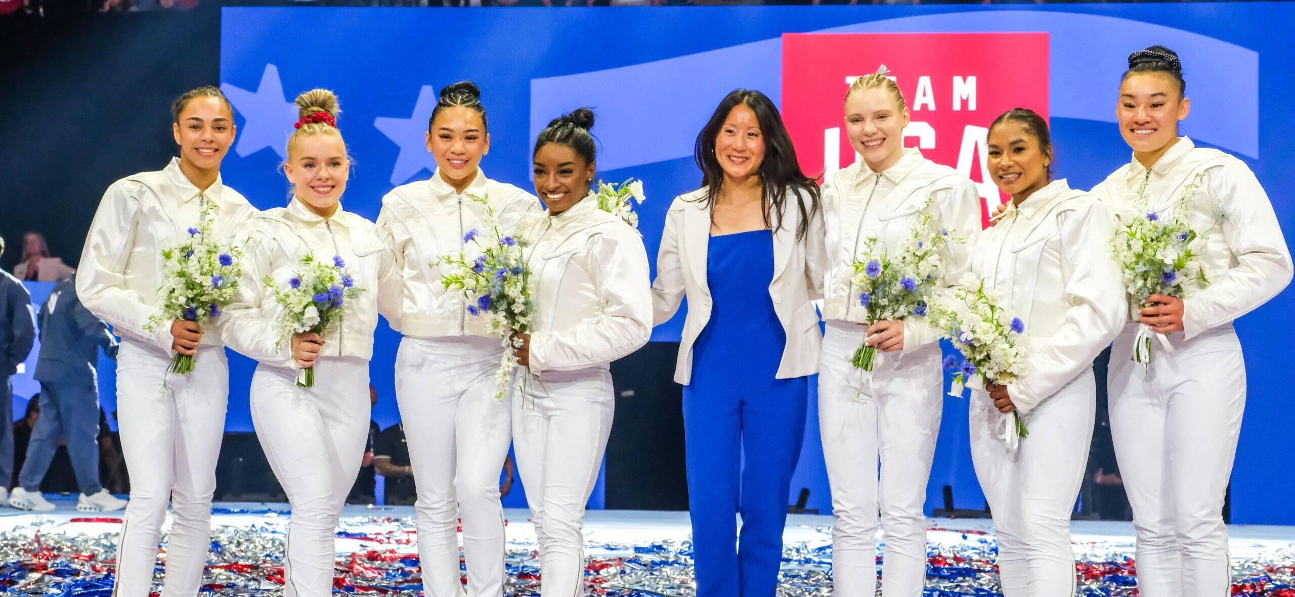 Simone Biles, Suni Lee, Jordan Chiles, Jade Carey, Hezly Rivera, and others celebrating making Team USA for 2024 Paris Olympics