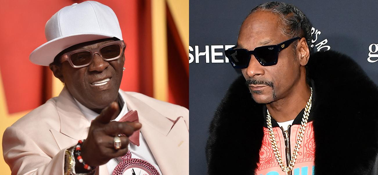 A collage of Flavor Flav and Snoop Dogg wearing dark shades and posing on different red carpet