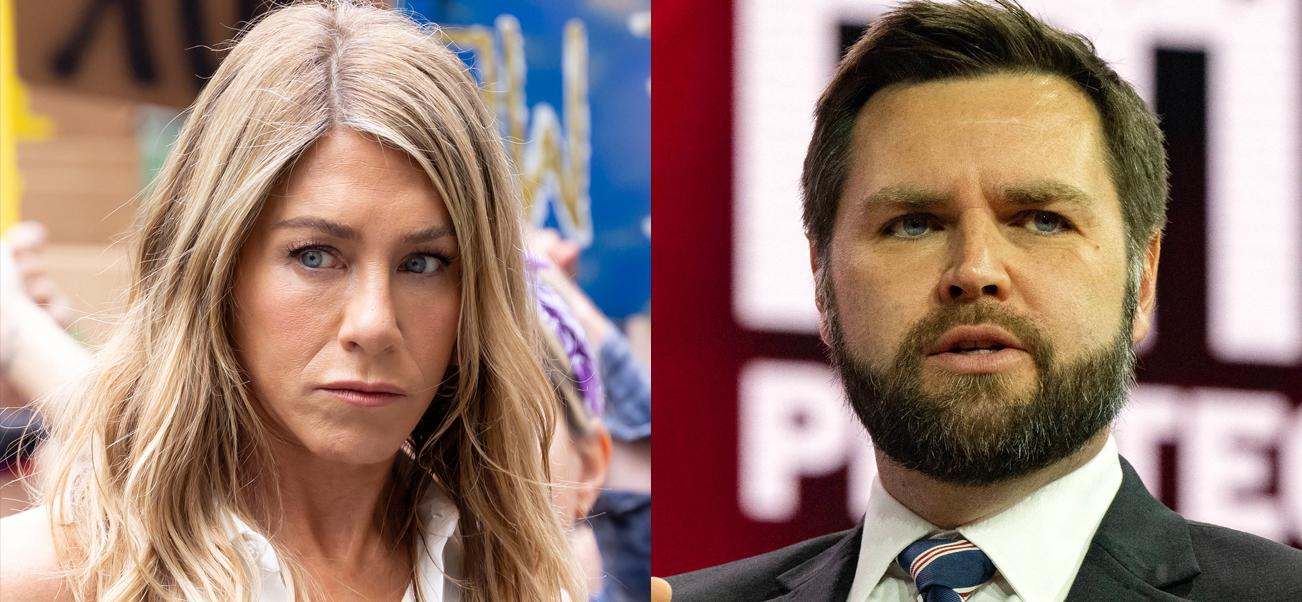 A collage of Jennifer Aniston and J.D. Vance