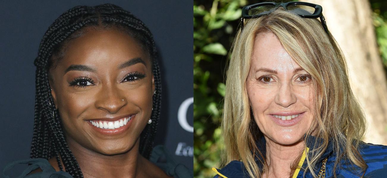 A collage of Simone Biles and Nadia Comaneci smiling