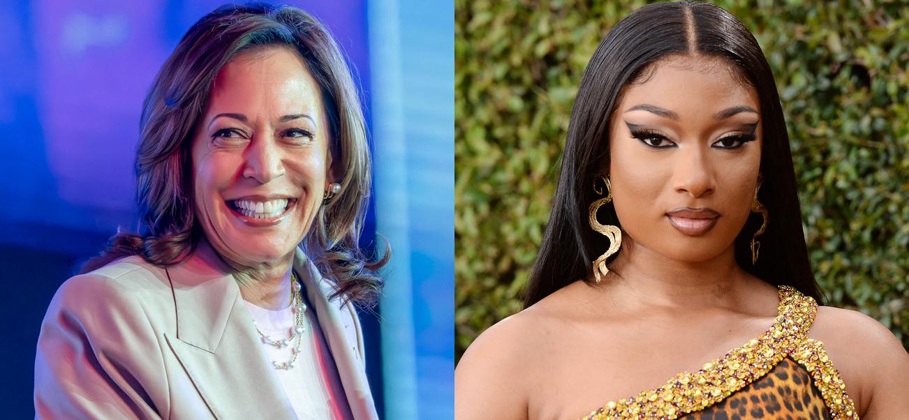 A collage of Vice president Kamala Harris and Megan Thee Stallion photos