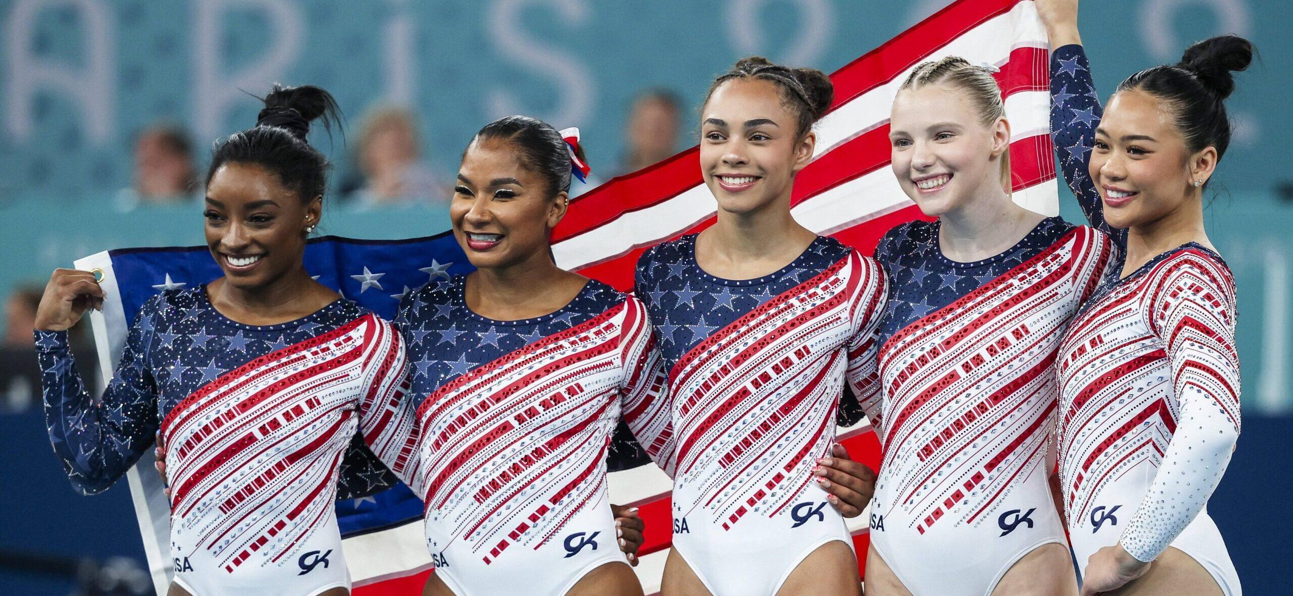 Simone Biles, Jordan Chiles, Hezley Rivera, Jade Carey, and Suni Lee after winning Team Gold