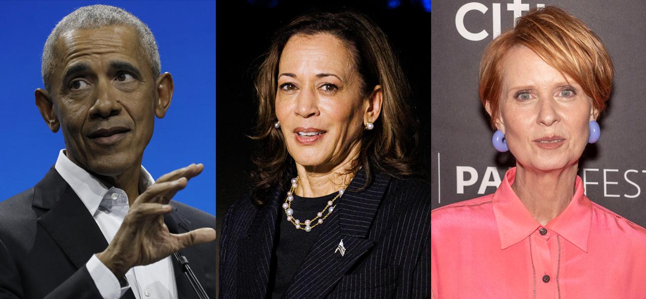 A photo collage of Barack Obama, Kamala Harris and Cynthia Nixon