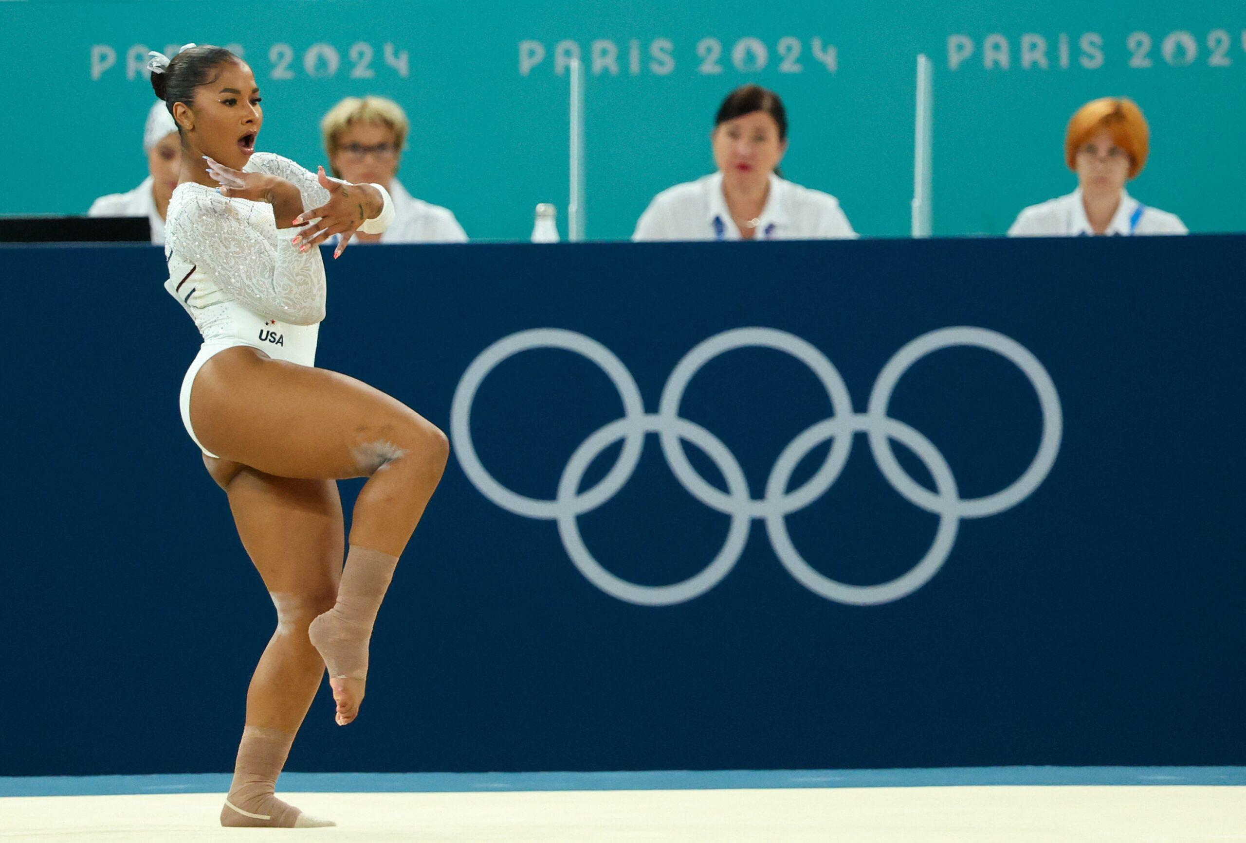 Jordan Chiles on floor at 2024 Olympics