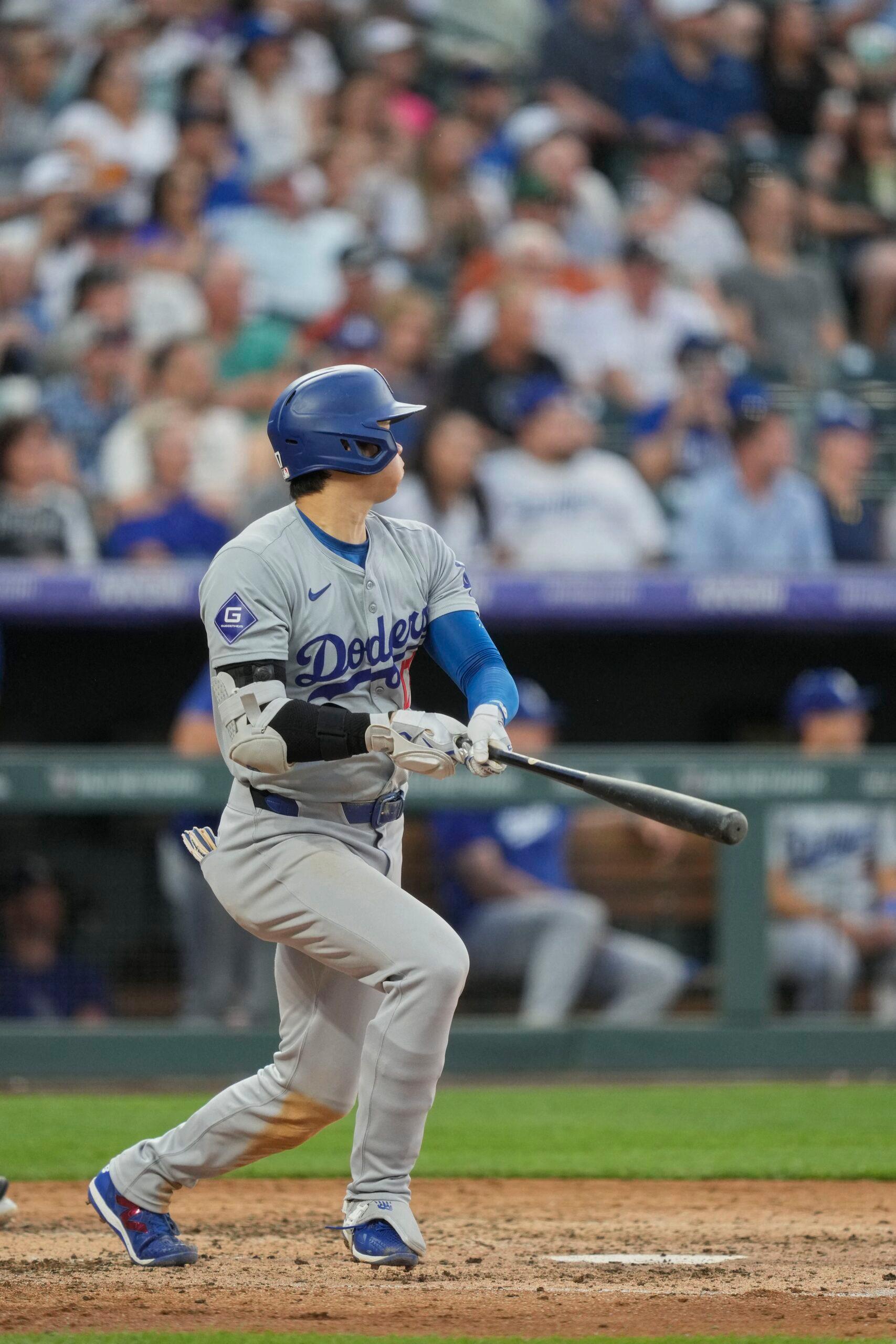 Shohei Ohtani hitting during Dodgers vs Rockies June 17