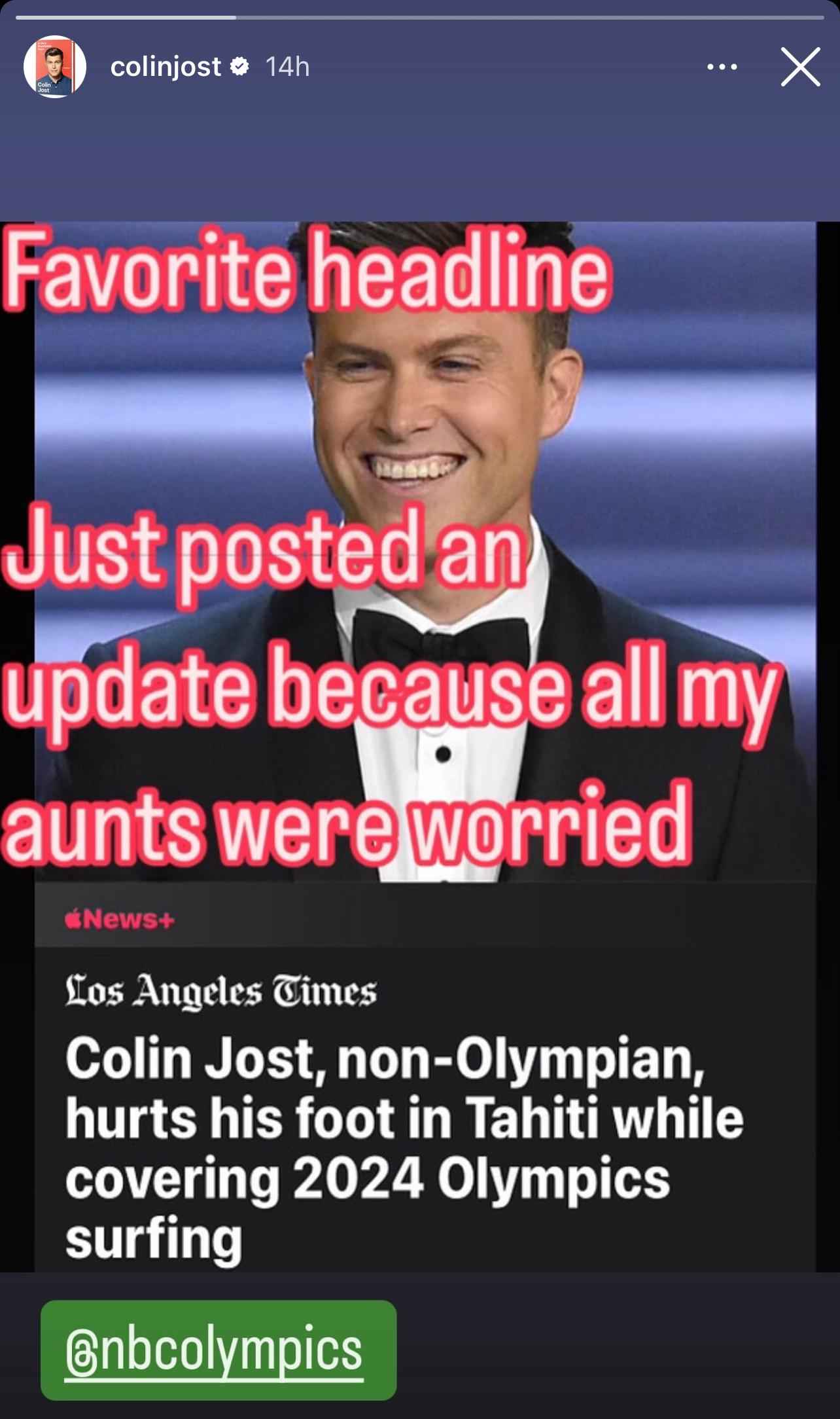 Colin Jost shares mild joke about his foot injury at the 2024 Paris Olympics in Tahiti