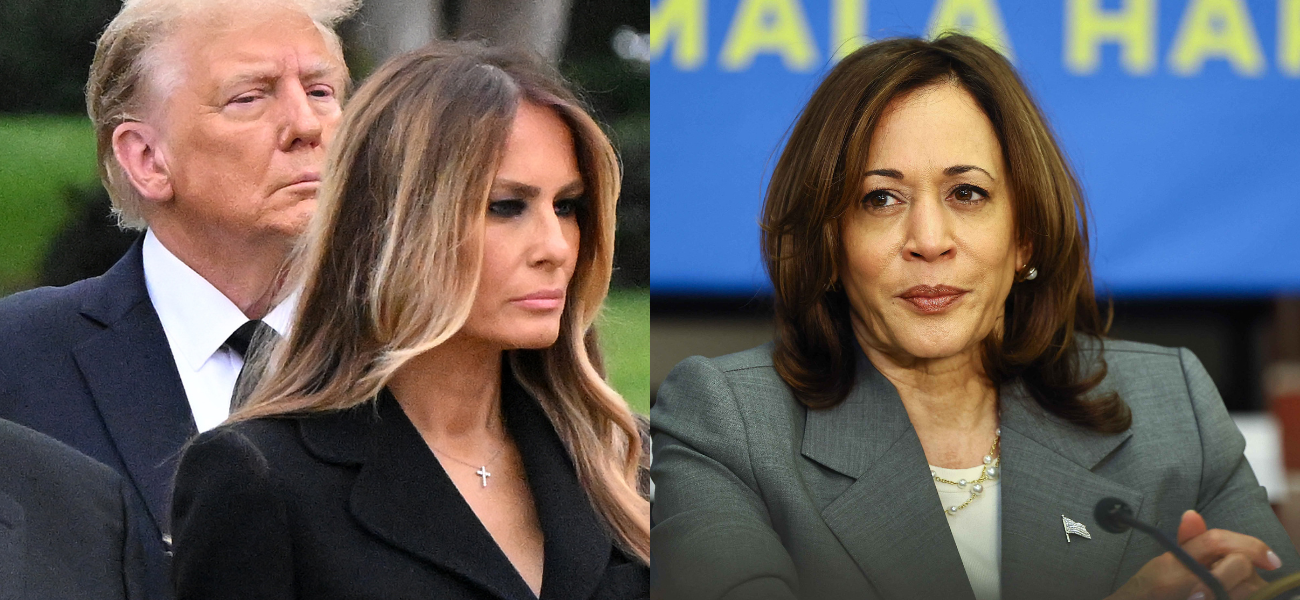 Photo collage of Donald Trump with his wife, Melania Trump, and vice President Kamala Harris