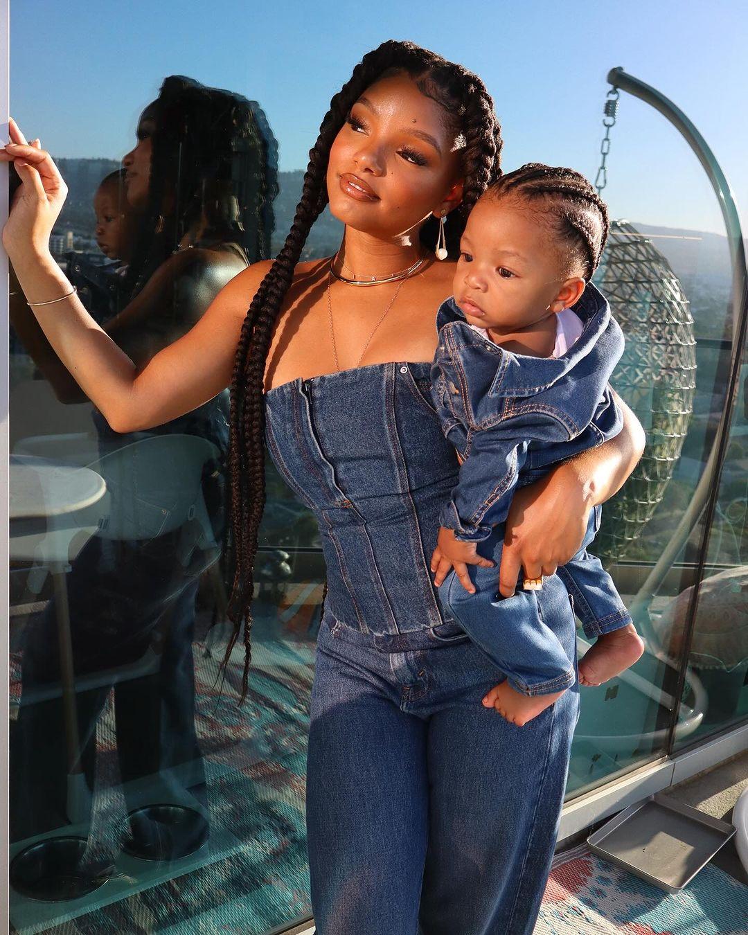 Halle Bailey wears matching denim with her son