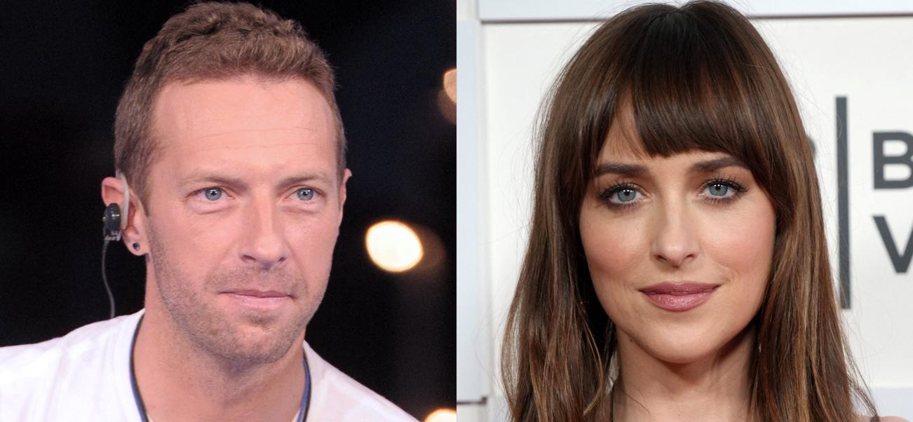 A photo collage of Chris Martin and Dakota Johnson