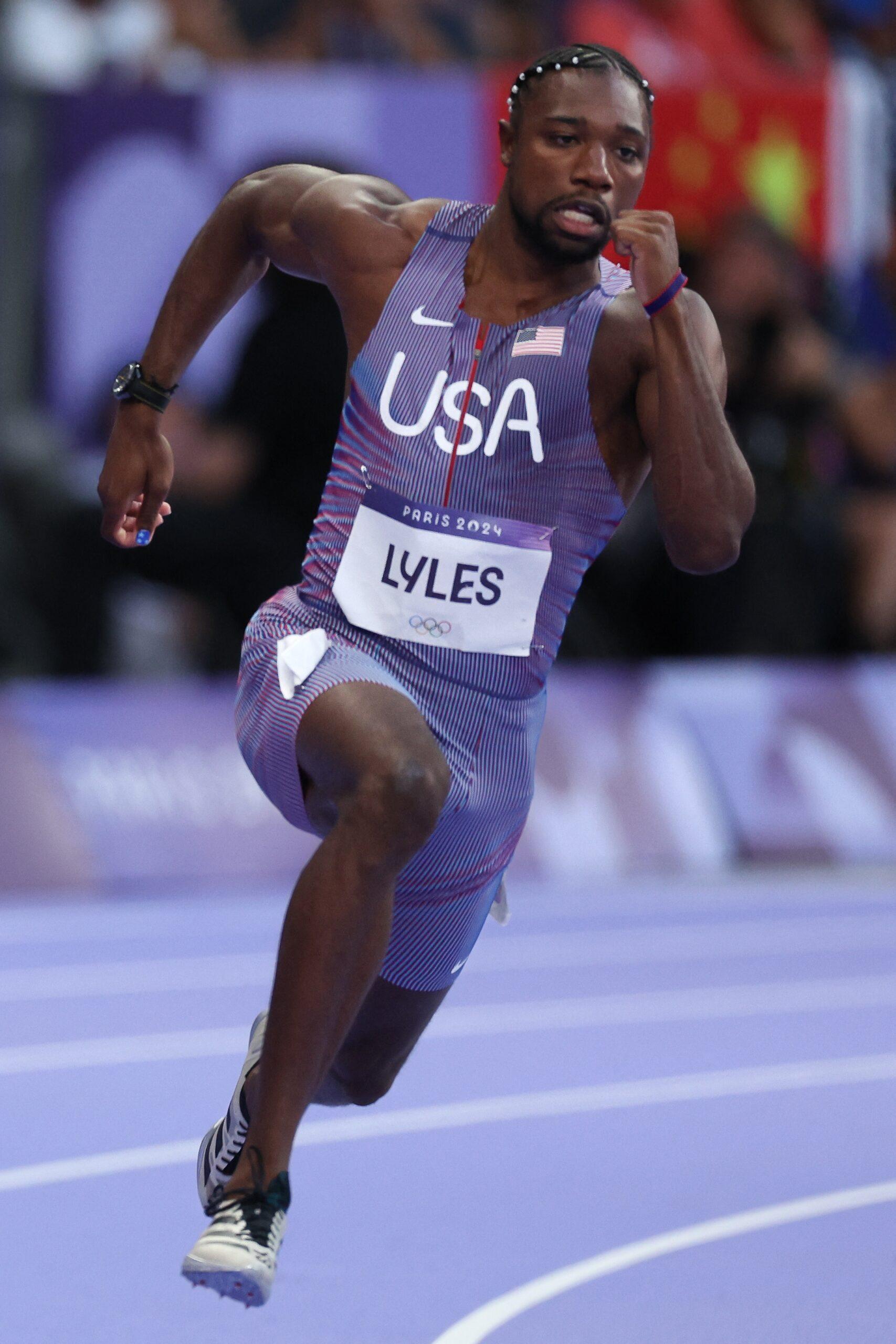 Noah Lyles running at the 2024 Paris Olympics