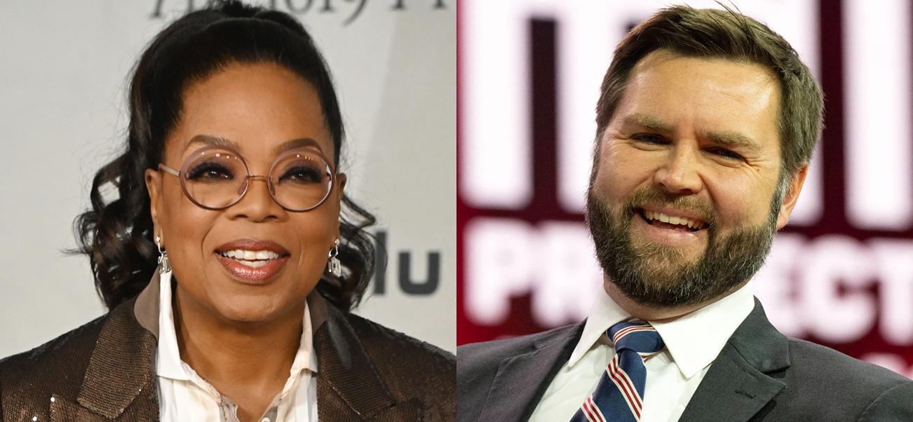 A photo collage of Oprah Winfrey and JD Vance