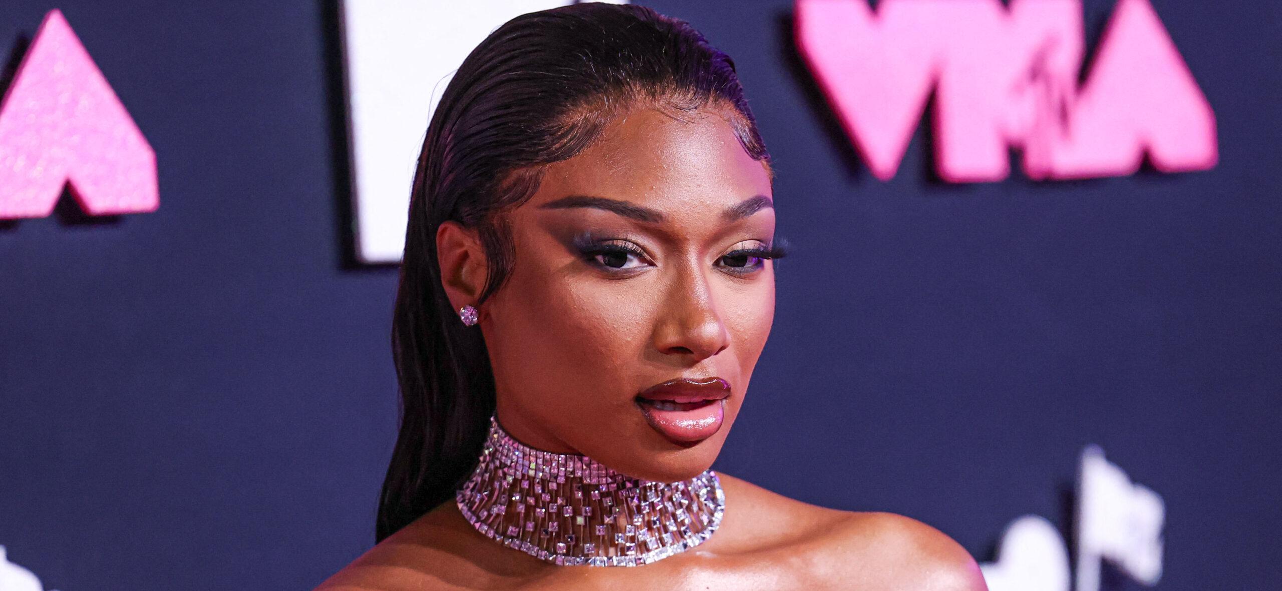 Megan Thee Stallion wearing a Brandon Blackwood dress and Jacob and Co. jewelry arrives at the 2023 MTV Video Music Awards