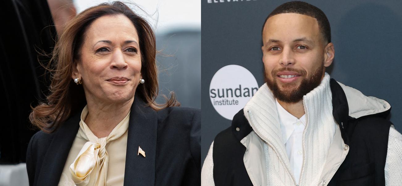 A photo collage of Kamala Harris and Stephen Curry