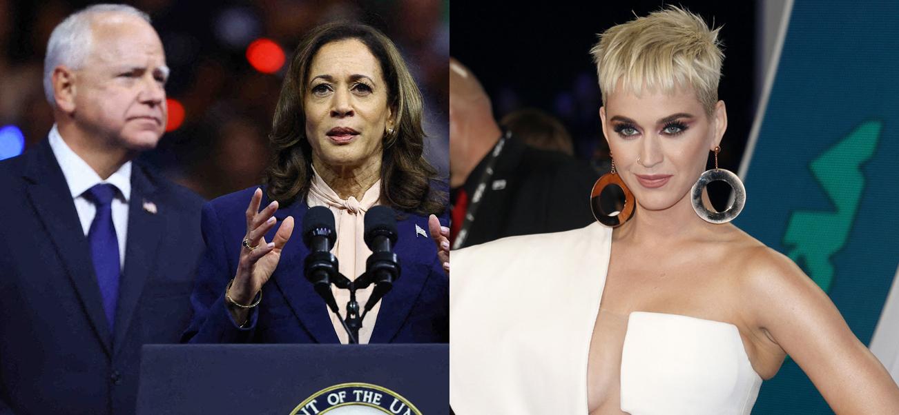 A photo collage of Katy Perry and Kamala Harris with Tim Walz