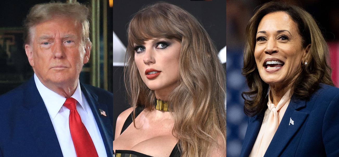 A photo collage of Donald Trump, Taylor Swift and Kamala Harris