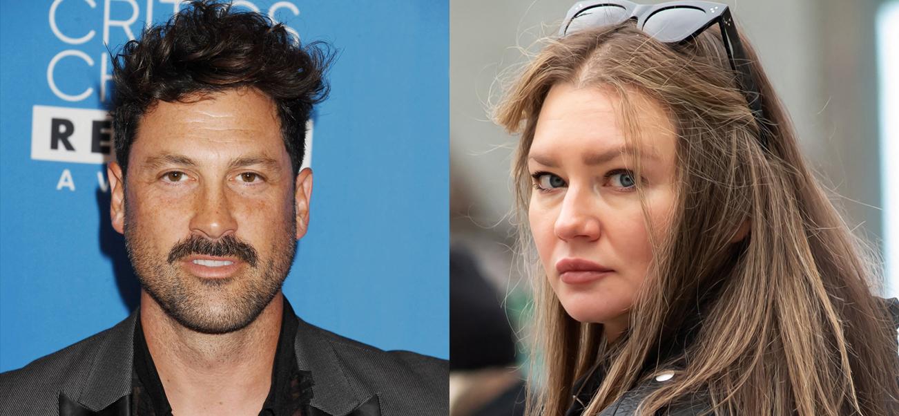 A photo collage of Maksim Chmerkovskiy and Anna Delvey