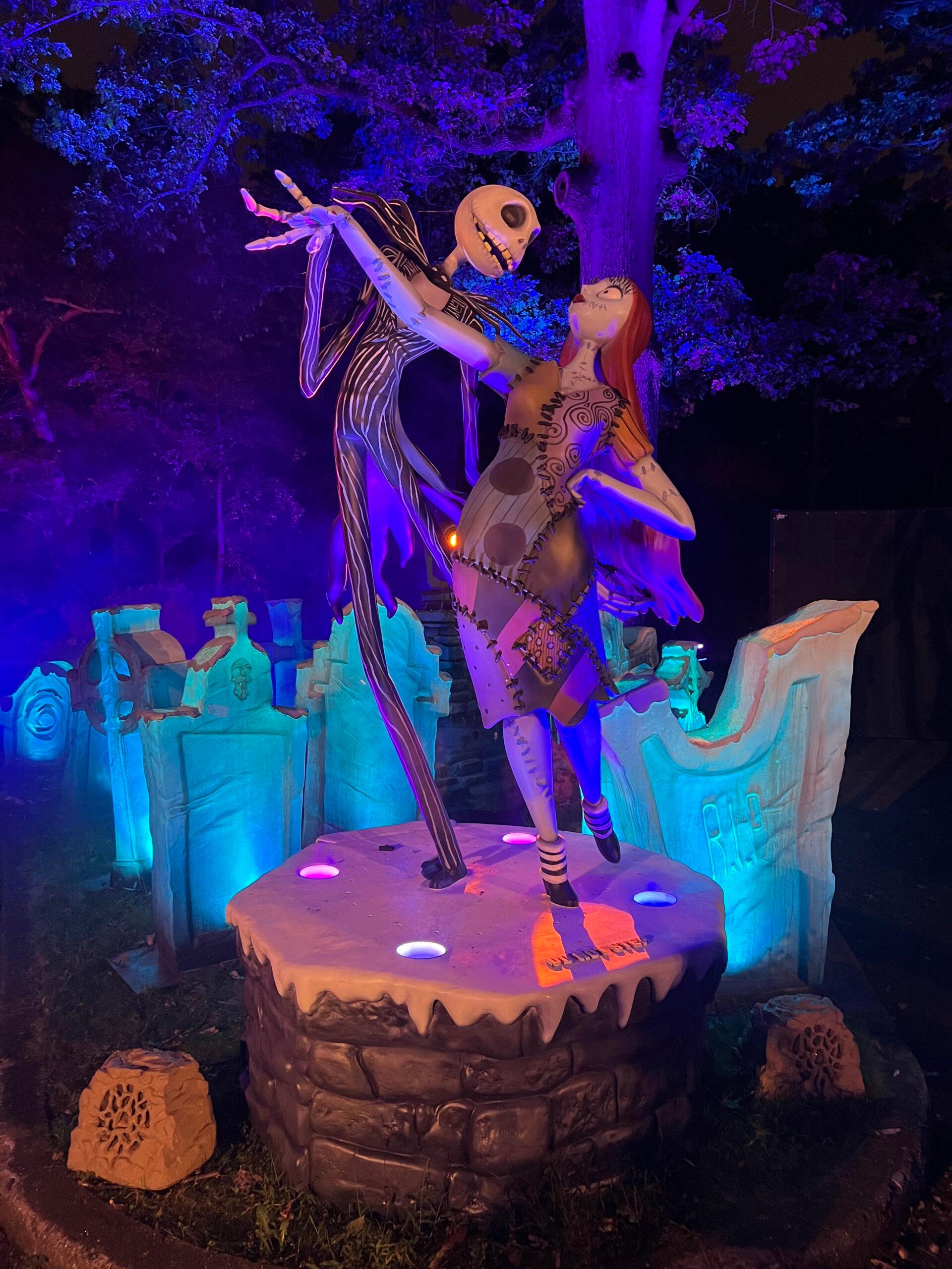 Jack and Sally statue at Nightmare Before Christmas light trail in NYC