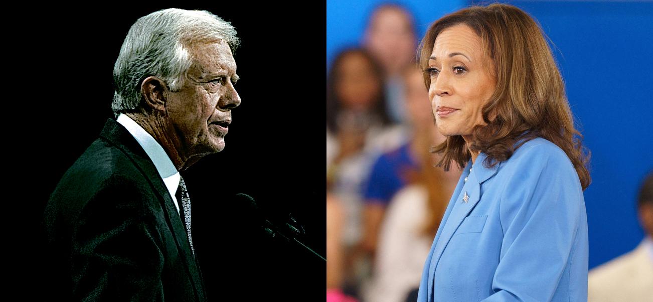 A photo collage of Jimmy Carter and Kamala Harris