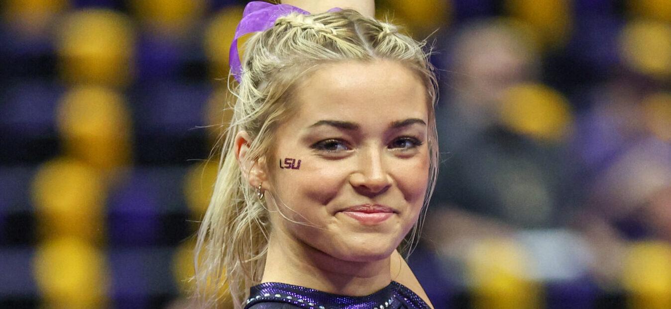 March 01, 2024: LSU's Olivia Dunne warms up on the floor prior to NCAA Gymnastics action between the Alabama Crimson Tide and the LSU Tigers at the Pete Maravich Assembly Center in Baton Rouge, LA. Jonathan Mailhes/CSM (Credit Image: © Jonathan Mailhes/Cal Sport Media) Newscom/(Mega Agency TagID: csmphotothree236867.jpg) [Photo via Mega Agency]