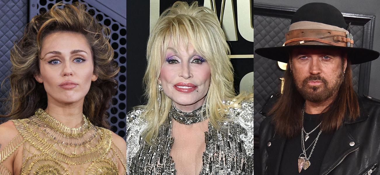 A photo collage of Miley Cyrus, Dolly Parton and Billy Ray Cyrus