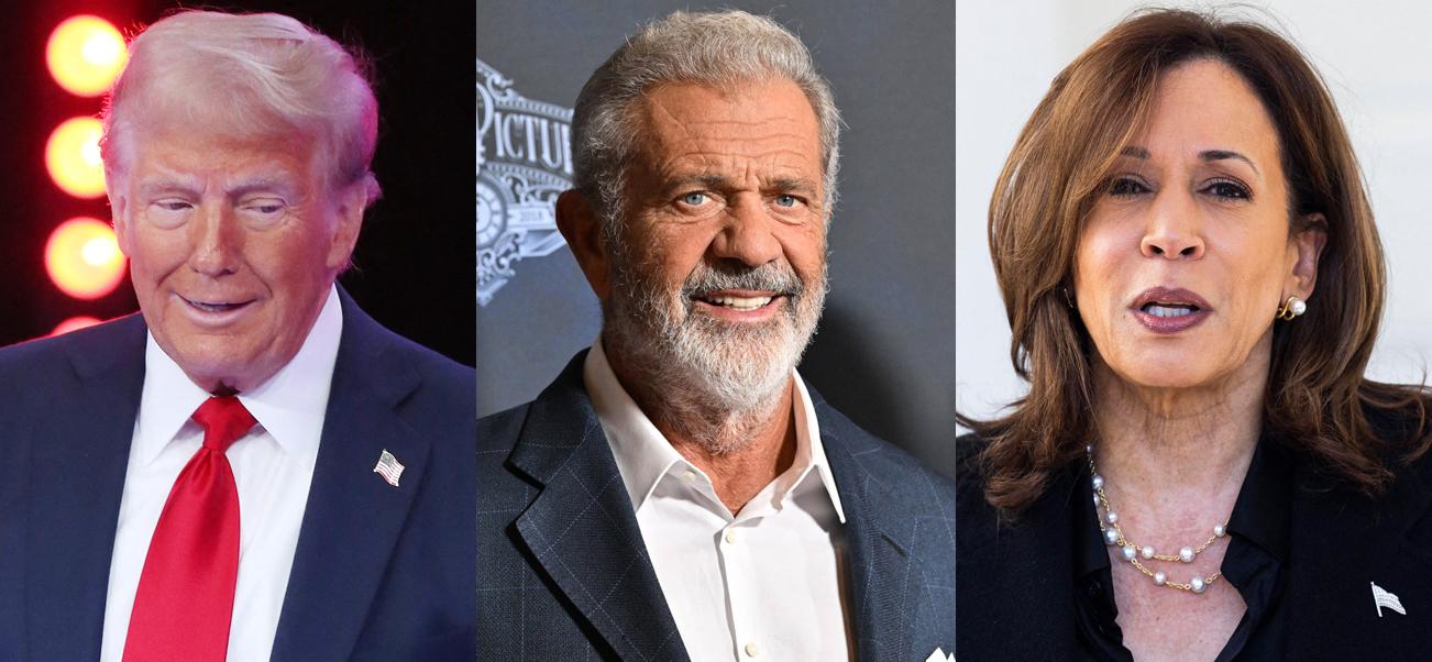 A photo collage Donald Trump, Mel Gibson and Kamala Harris