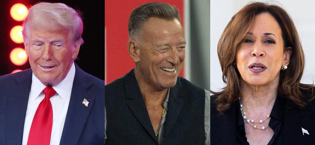 A photo collage of Donald Trump, Bruce Springsteen and Kamala Harris