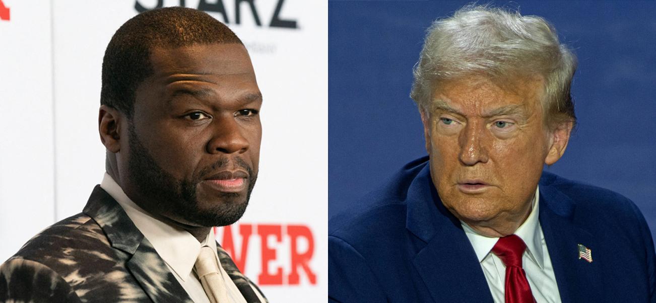 Photo collage of 50 Cent and Donald Trump