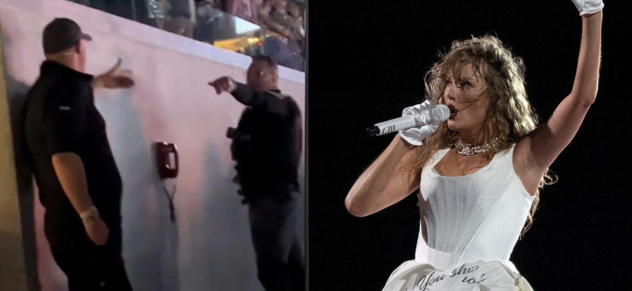 Police officers at Eras Tour (left) Taylor Swift singing (right)