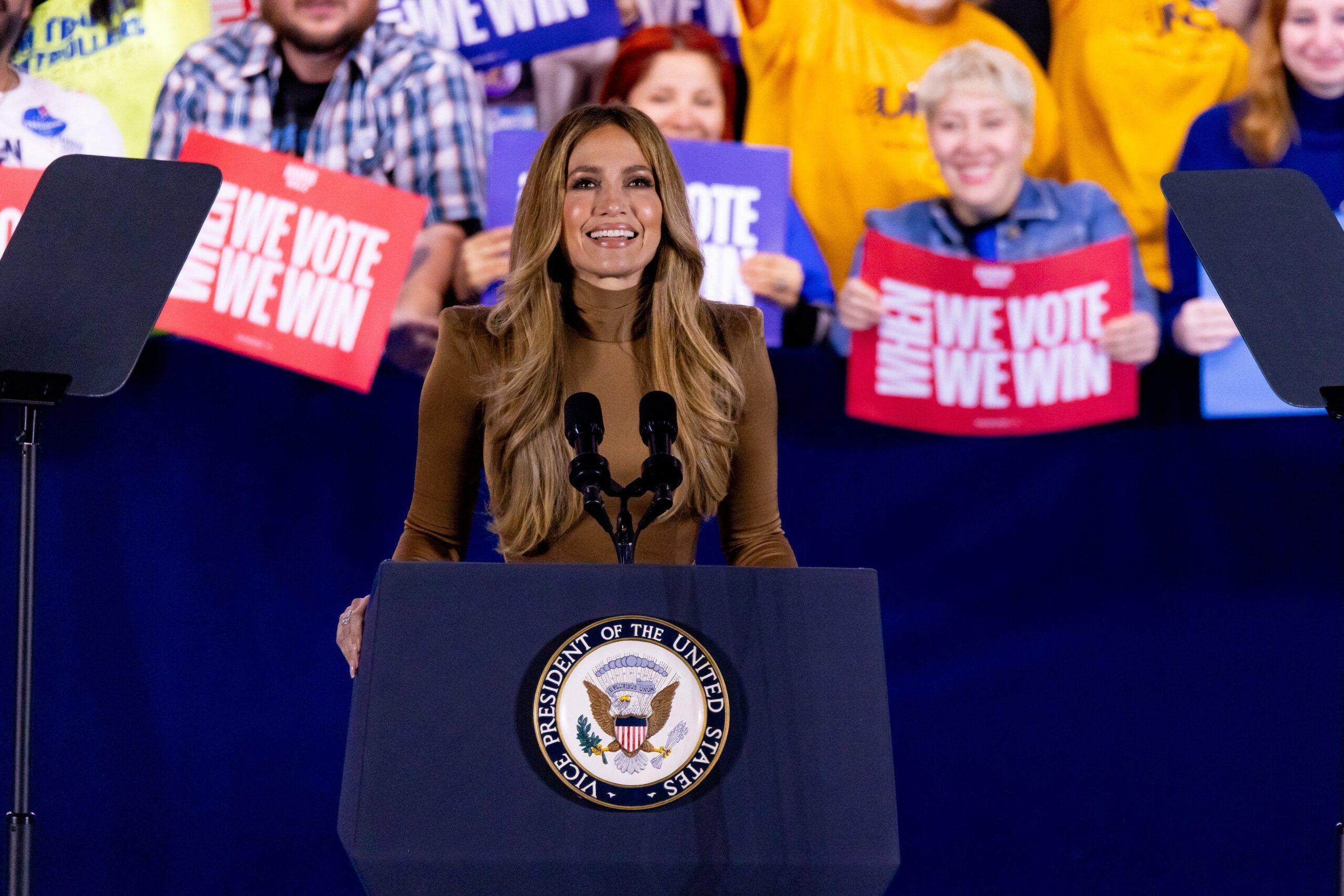 Jennifer Lopez speaks during a campaign event at Craig Ranch Amphitheater on Friday October 31, 2024