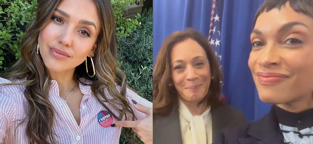 Jessica Alba selfie (left) Kamala Harris and Rosario Dawson selfie (right)