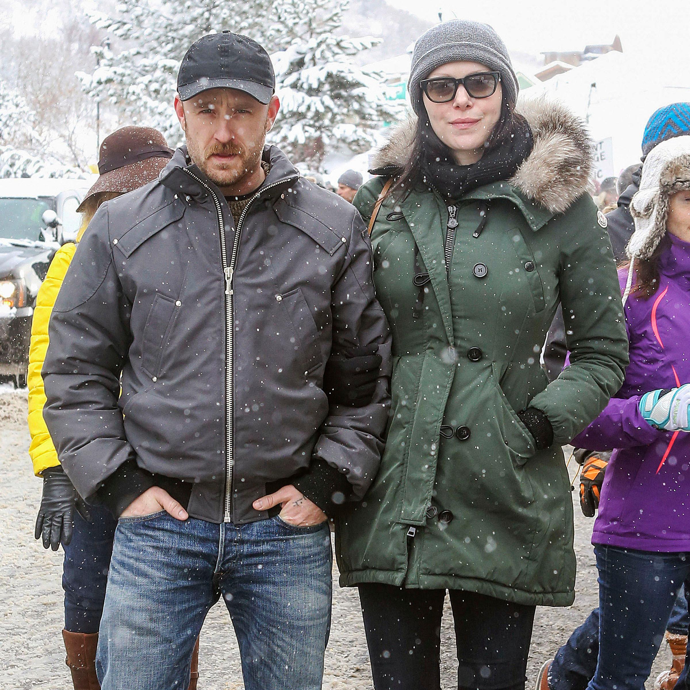 Pregnant Laura Prepon and Ben Foster pose up at the Women's March in Park City, Utah