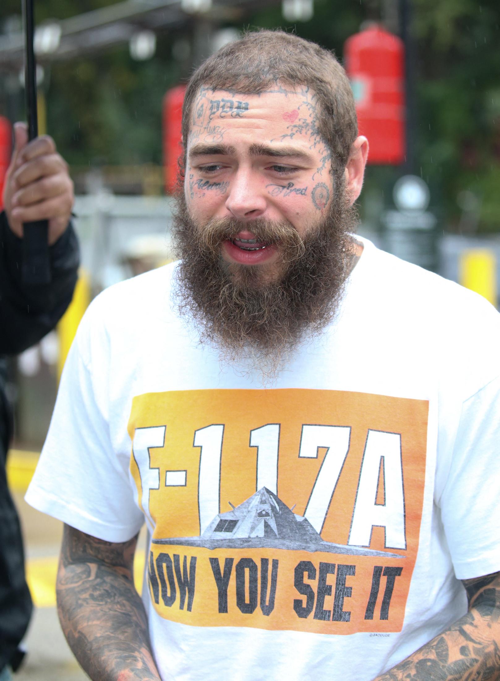 Post Malone is seen at the Global Citizens Festival in a rain drenched New York.