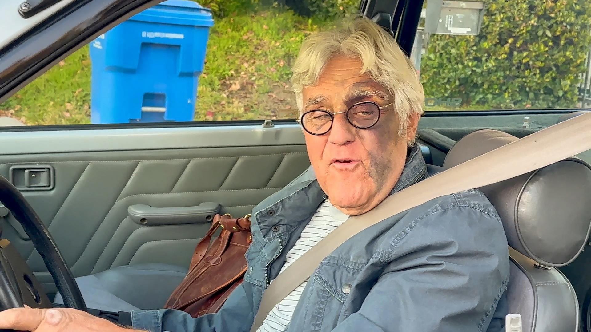 Jay Leno is seen in Burbank with major bruising on his face and a bandage on his right arm after suffering a bad fall