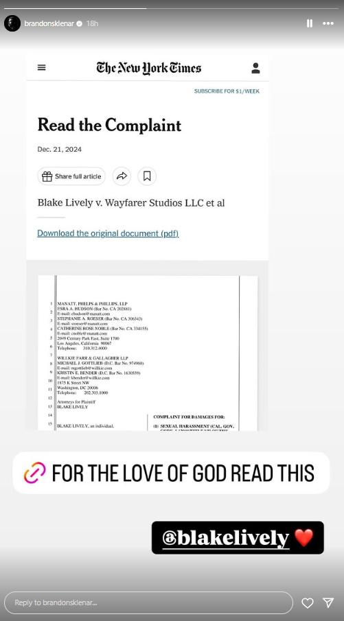 Brandon Sklenar posts about Blake Lively lawsuit on IG Stories
