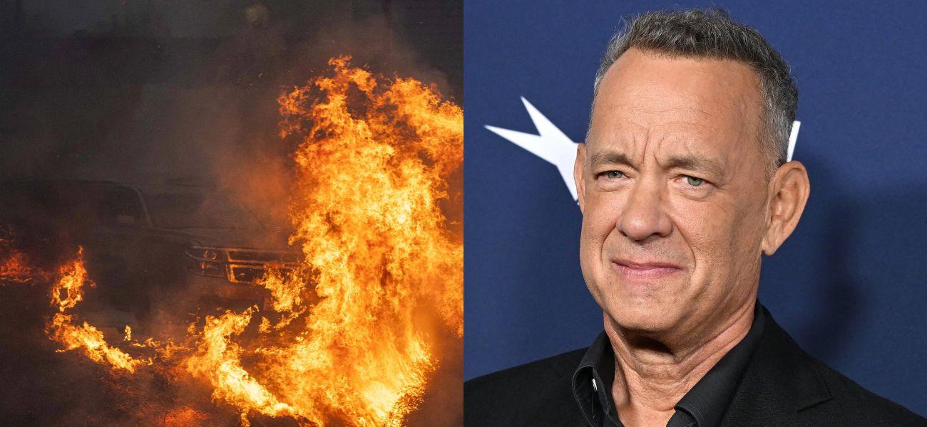 Pacific Palisades wildfire and Tom Hanks collage