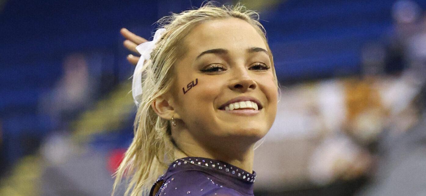 March 8, 2024: LSU's Olivia Dunne competes on the floor during the Purple and Gold Podium Challenge woman's gymnastics quad meet at the Raising Canes River Center in Baton Rouge, LA. Jonathan Mailhes/CSM (Credit Image: © Jonathan Mailhes/Cal Sport Media) Newscom/(Mega Agency TagID: csmphotothree239115.jpg) [Photo via Mega Agency]