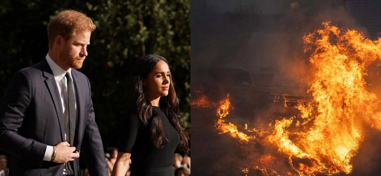 Prince Harry and Meghan Markle, Pacific Palisades wildfire photo collage