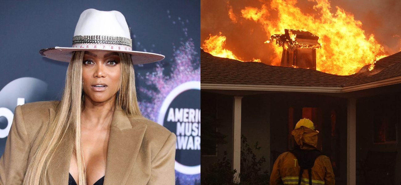 Tyra Banks (left) LA fire burning house down (right)