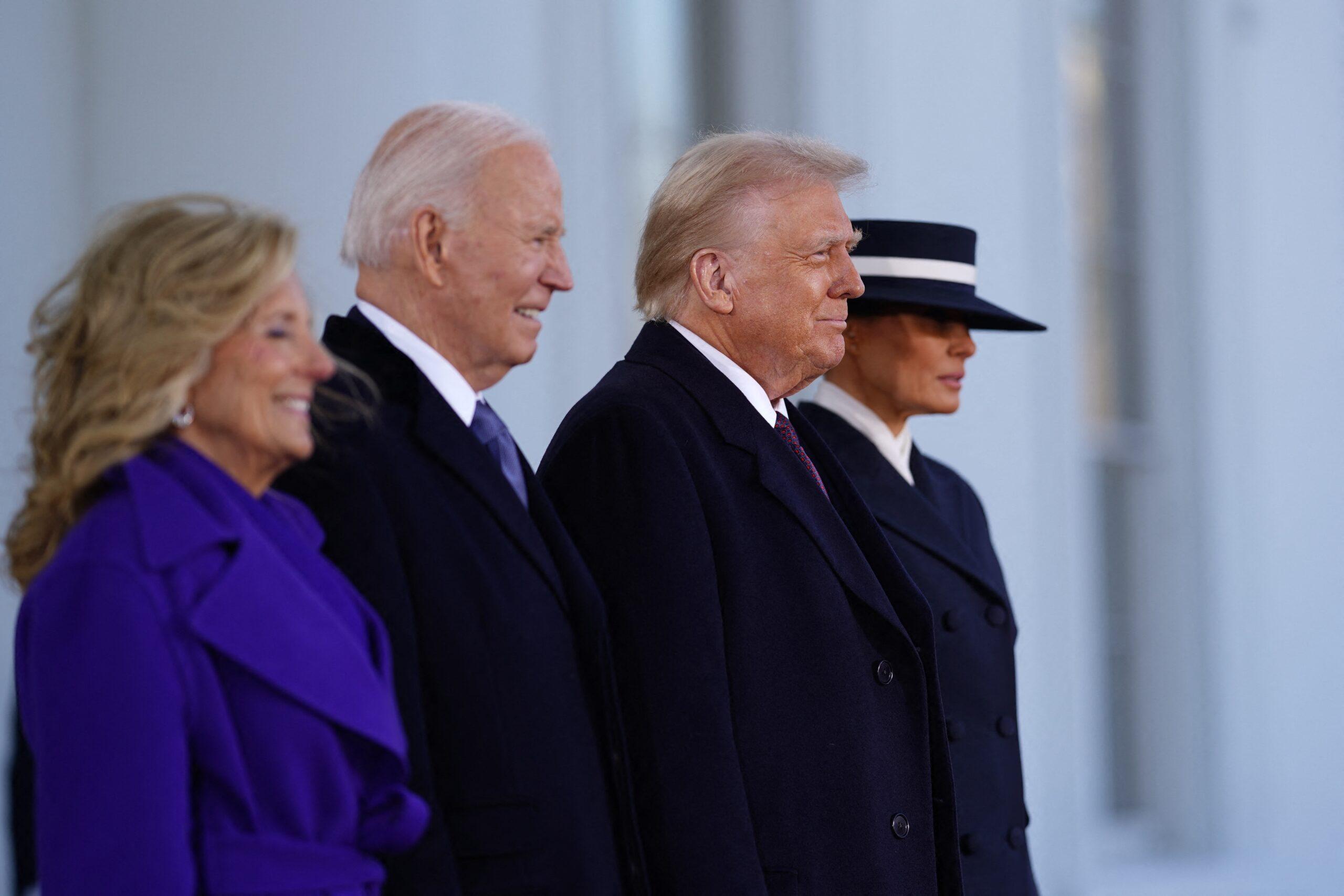 President Joe Biden (2L) and First Lady Dr. Jill Biden (L) greet President Elect Donald Trump (2R) and Melania Trump (R) at the White House during inauguration ceremonies for US President Donald Trump in Washington, DC, USA, 20 January 2025.