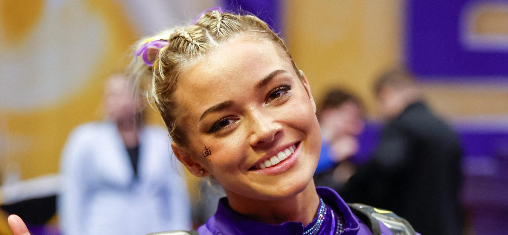 January 17, 2025: LSU Tigers Olivia Dunne after the NCAA gymnastics dual meet between the Florida Gators and the LSU Tigers at the Maravich Center in Baton Rouge, LA. Darren Lee/CSM (Credit Image: © Darren Lee/Cal Sport Media) Newscom/(Mega Agency TagID: csmphotothree345814.jpg) [Photo via Mega Agency]