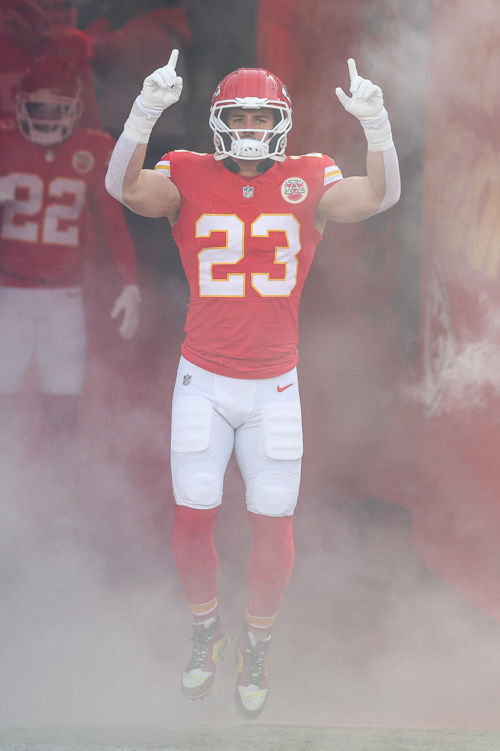 Kansas City Chiefs linebacker Drue Tranquill (23) is introduced before an NFL AFC Divisional game against the Houston Texans at GEHA Field at Arrowhead Stadium in Kansas City, MO. 