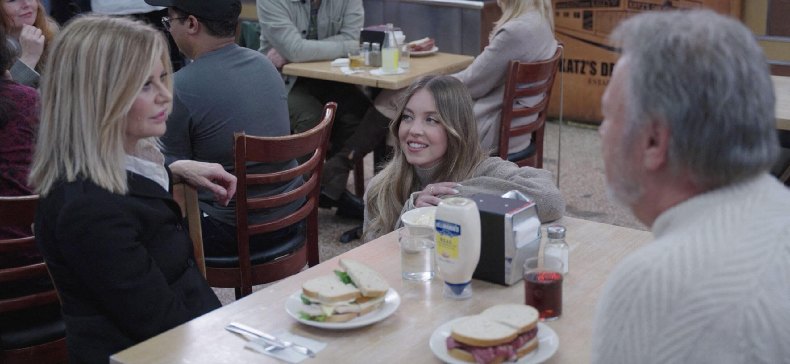 Sydney Sweeney, Meg Ryan and Billy Crystal share some laughs while filming their When Harry Met Sally fake orgasm scene re-make for Hellmanns Super Bowl ad