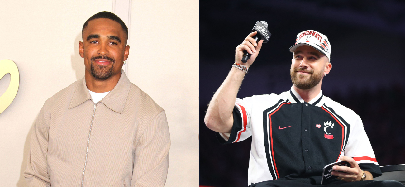 Side by side collage of Travis Kelce smiling while holding a microphone and Jalen Hurts posing on the red carpet.