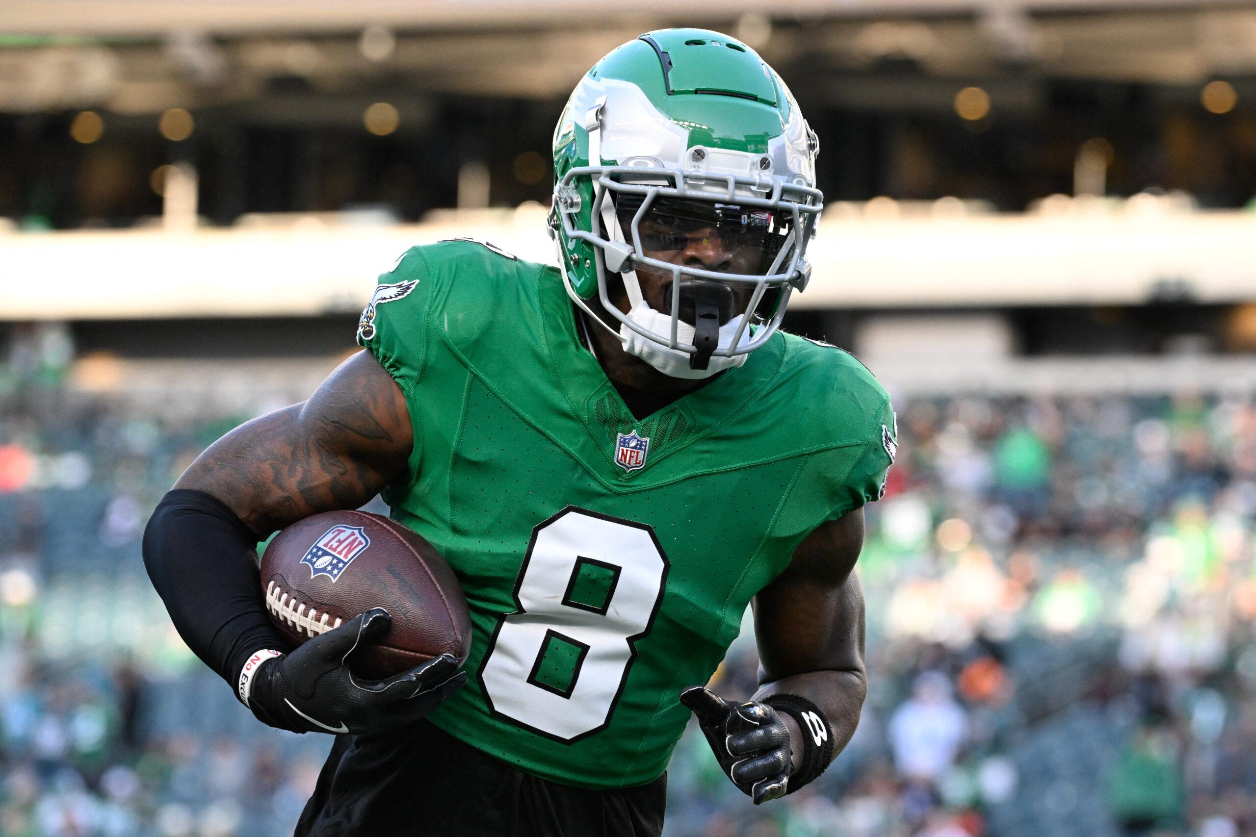 November 3, 2024: Philadelphia Eagles safety C.J. Gardner-Johnson (8) warms up before a game against the Jacksonville Jaguars in Philadelphia, Pennsylvania. 