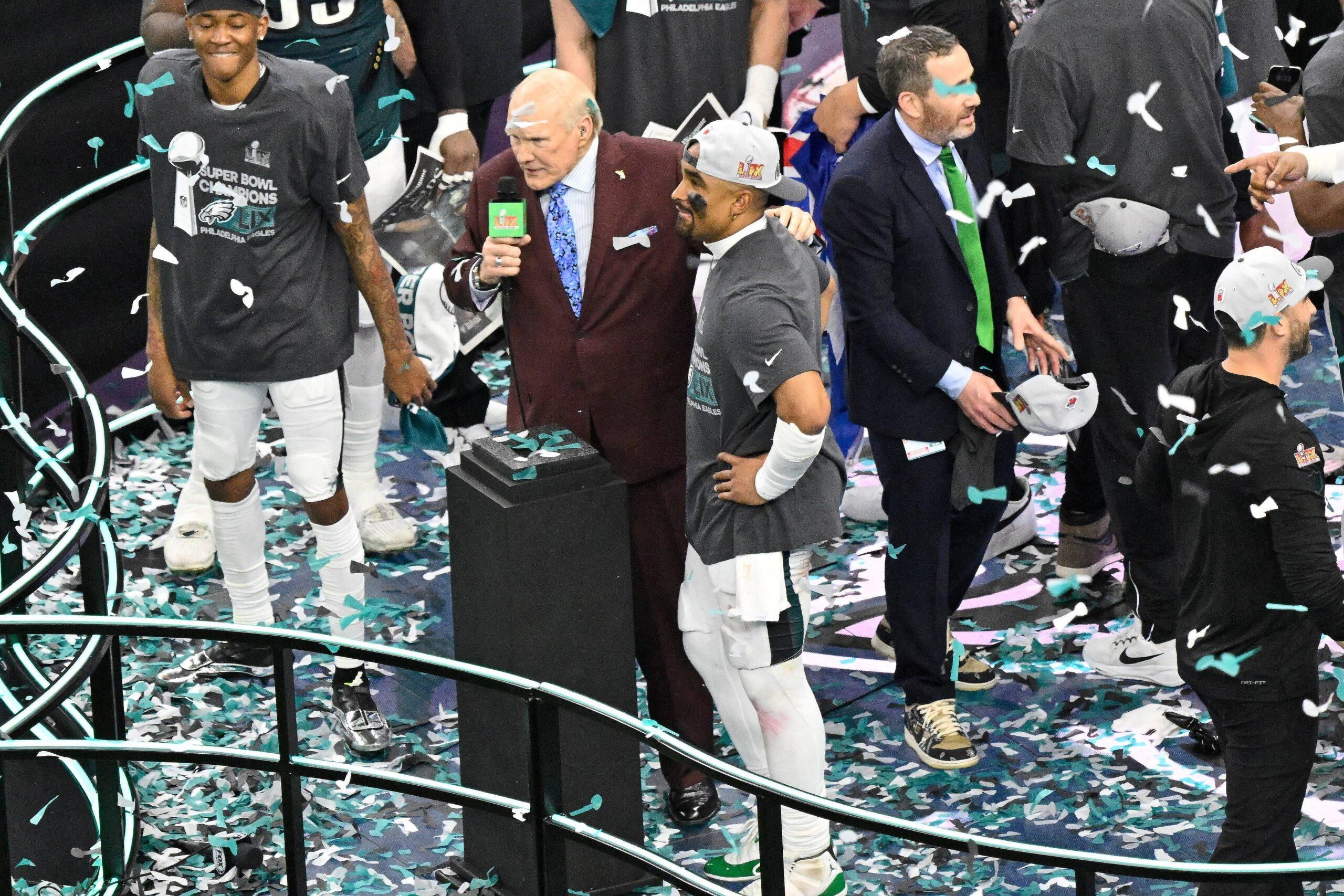 Jalen Hurts celebrates Super Bowl win