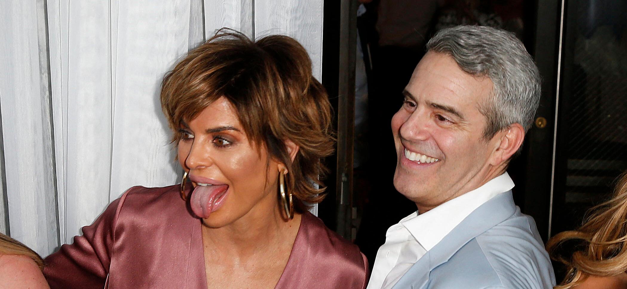 Lisa Rinna and Andy Cohen posing at Cohen's baby shower.