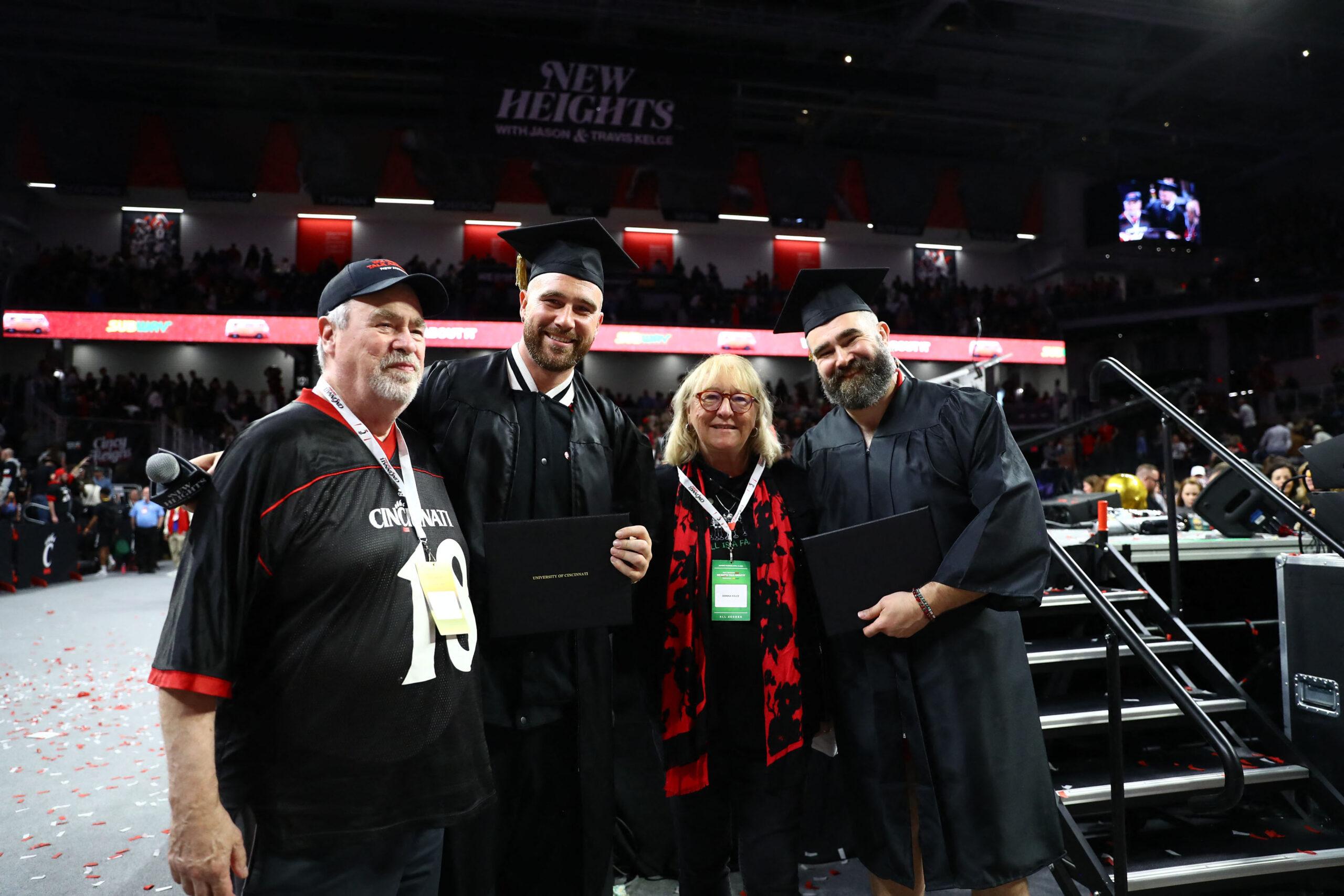 Travis and Jason Kelce surprised with graduation ceremony after New Heights Live show at University of Cincinnati