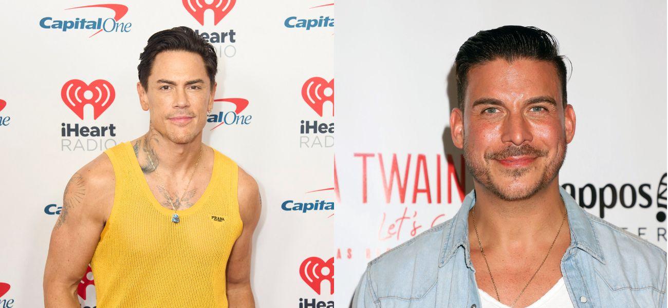 Photo collage of Jax Taylor and Tom Sandoval posing for photos on the red carpet.